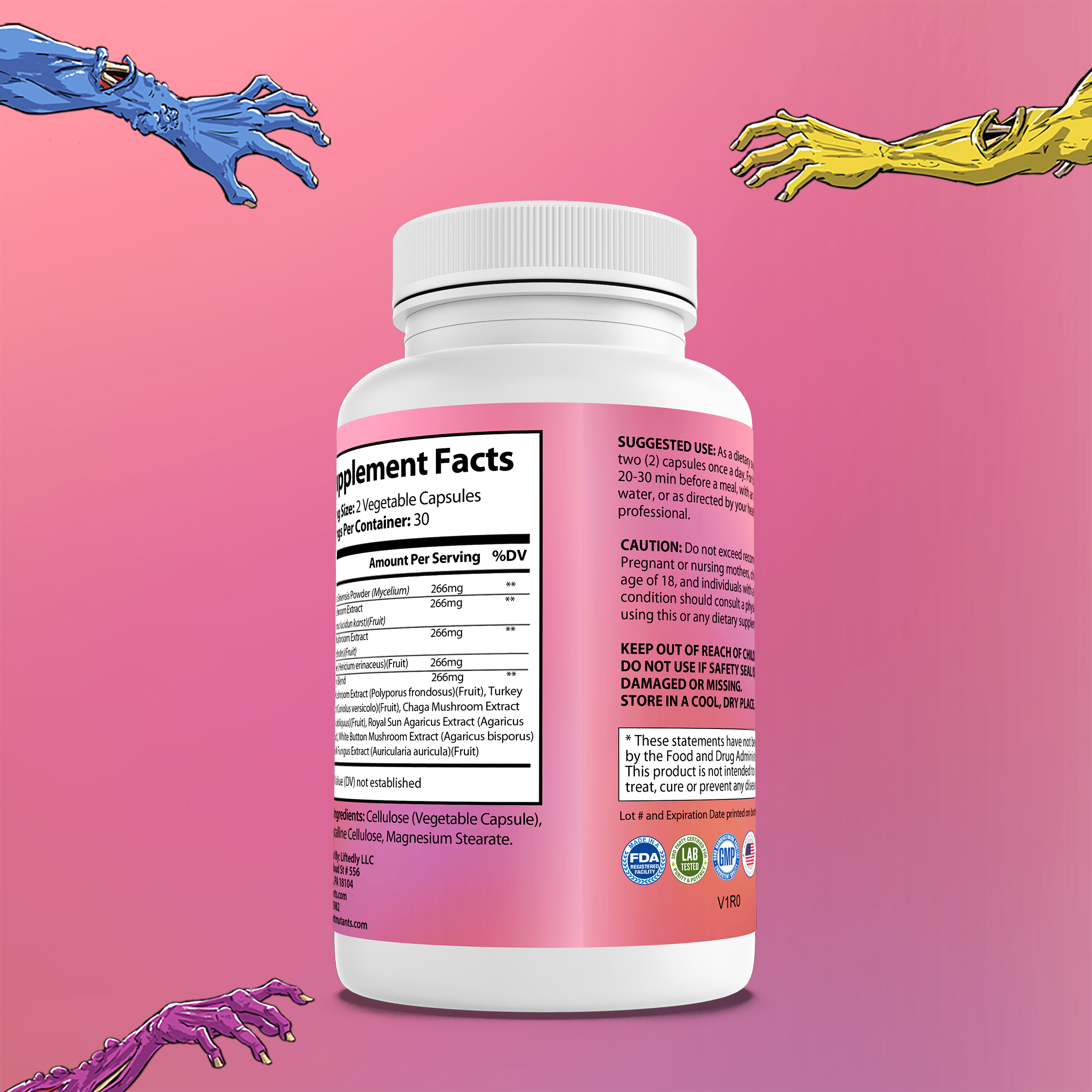 A pink background with mutant arms that show the back of the bioweapon supplement bottle