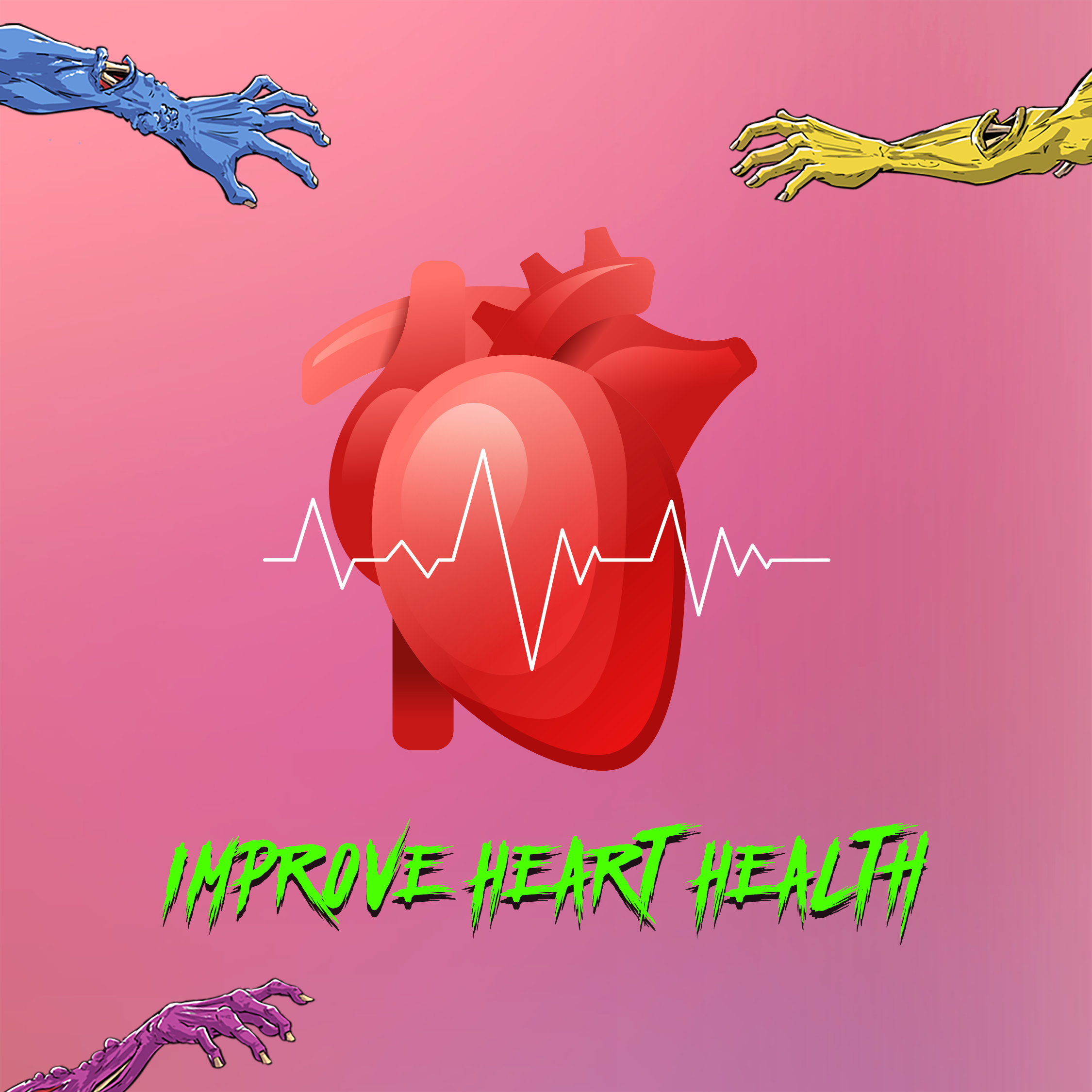 A pink background with mutant arms and the words improve heart health with an image of a heart beating stronger