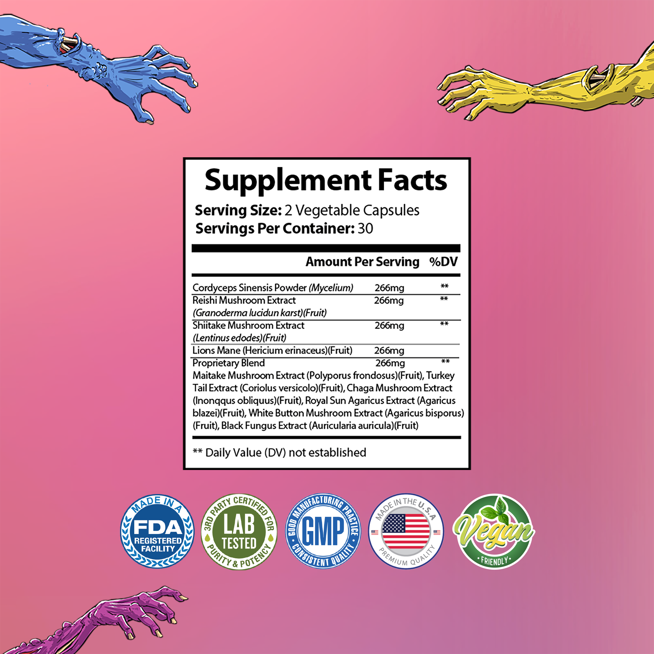 A pink background with mutant arms going over the supplement facts of the bioweapon supplement that has 266mg cordyceps, 266mg reishi, 266mg shiitake, 266mg lions mane, and 266mg of other proprietary blend