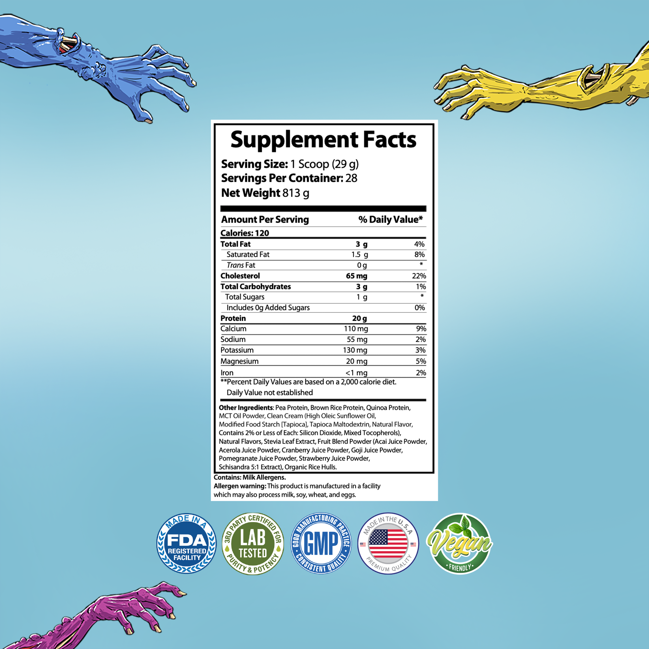 A blue background with mutant arms reaching from the corners towards a label that describes the supplement facts of the Mutation product.