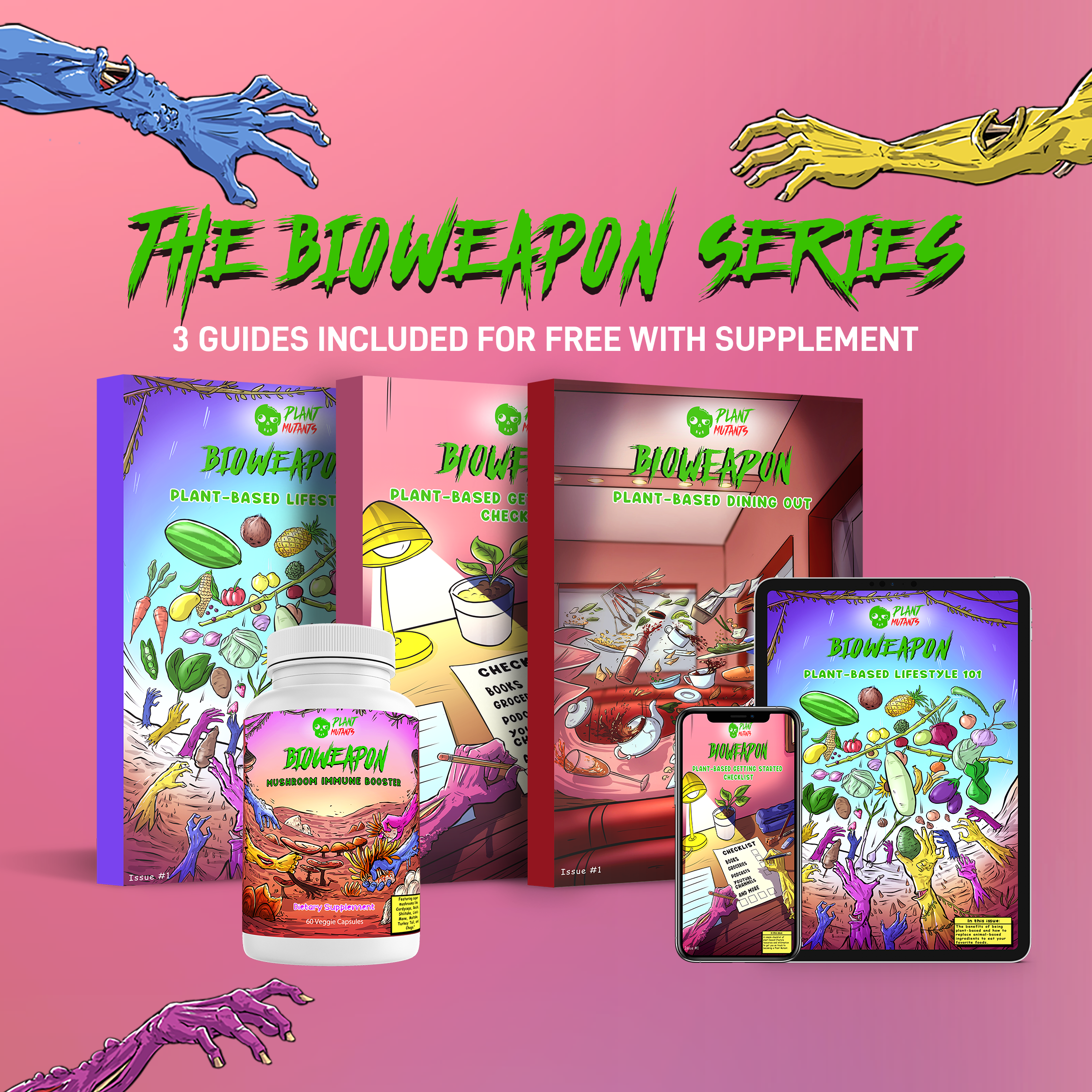 Colorful mutant arms on a pink background reaching towards the middle at the bioweapon digital guides, supplement, and mobile devices with digital guides loaded on the screen.